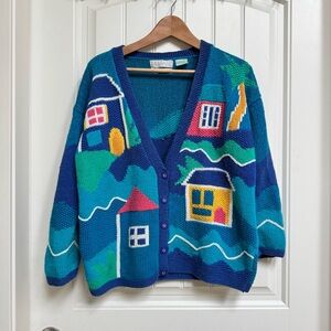 VTG Segrets Sun Print Hand Knitted Cotton Ramie Colourful Beach House Cardigan S